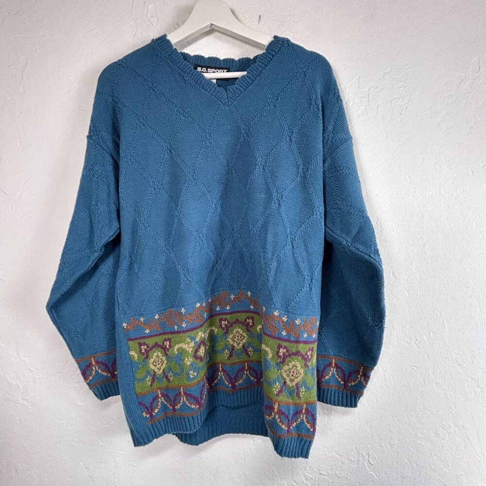 S.G. Sport Collection Women V-Neck Sweater Medium 10/12 Blue Diamond Floral Knit